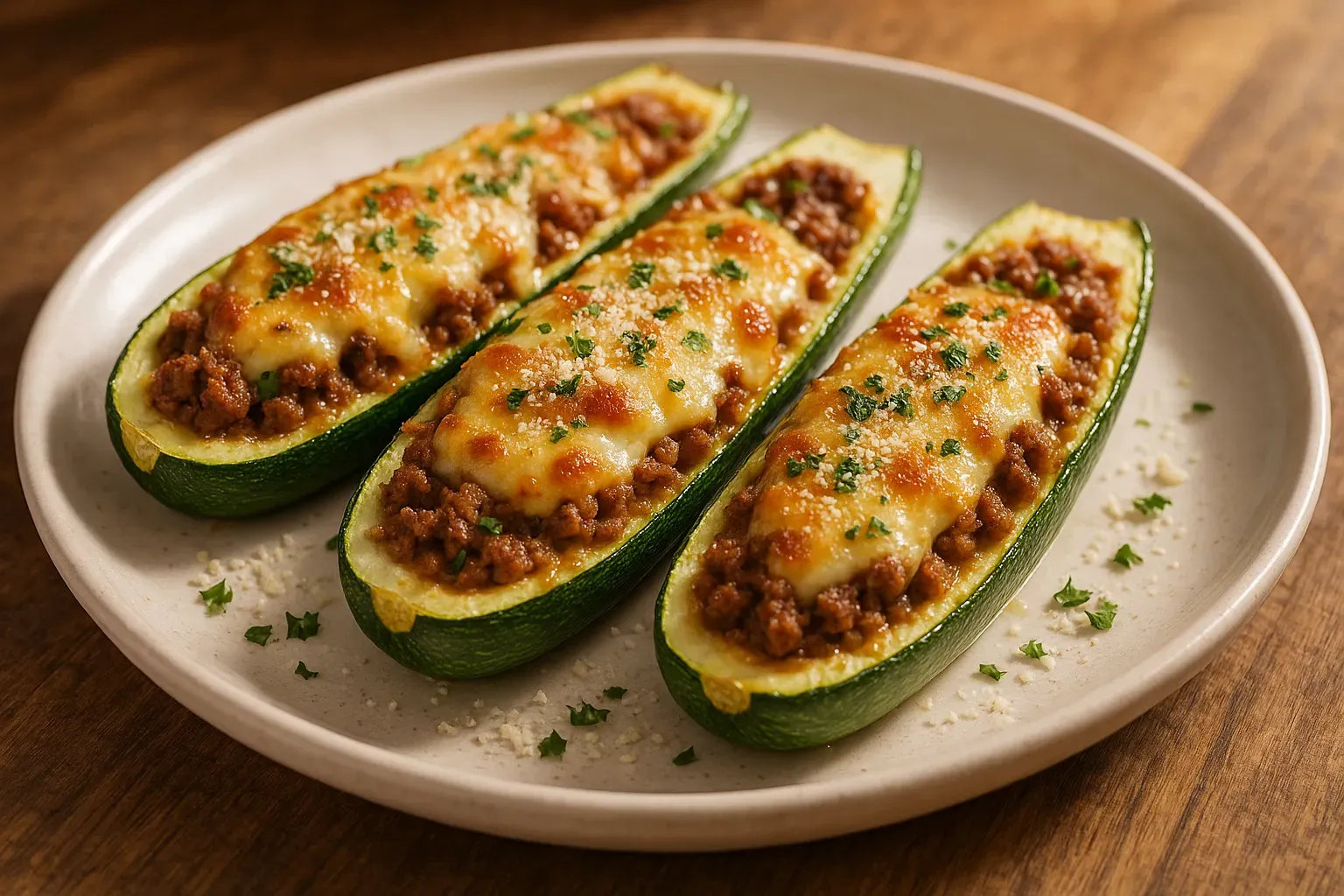 Abobrinha recheada com carne moída e queijo gratinado