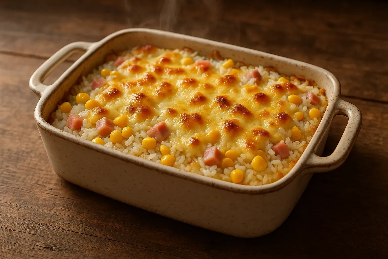 Arroz de forno gratinado com presunto, queijo e milho