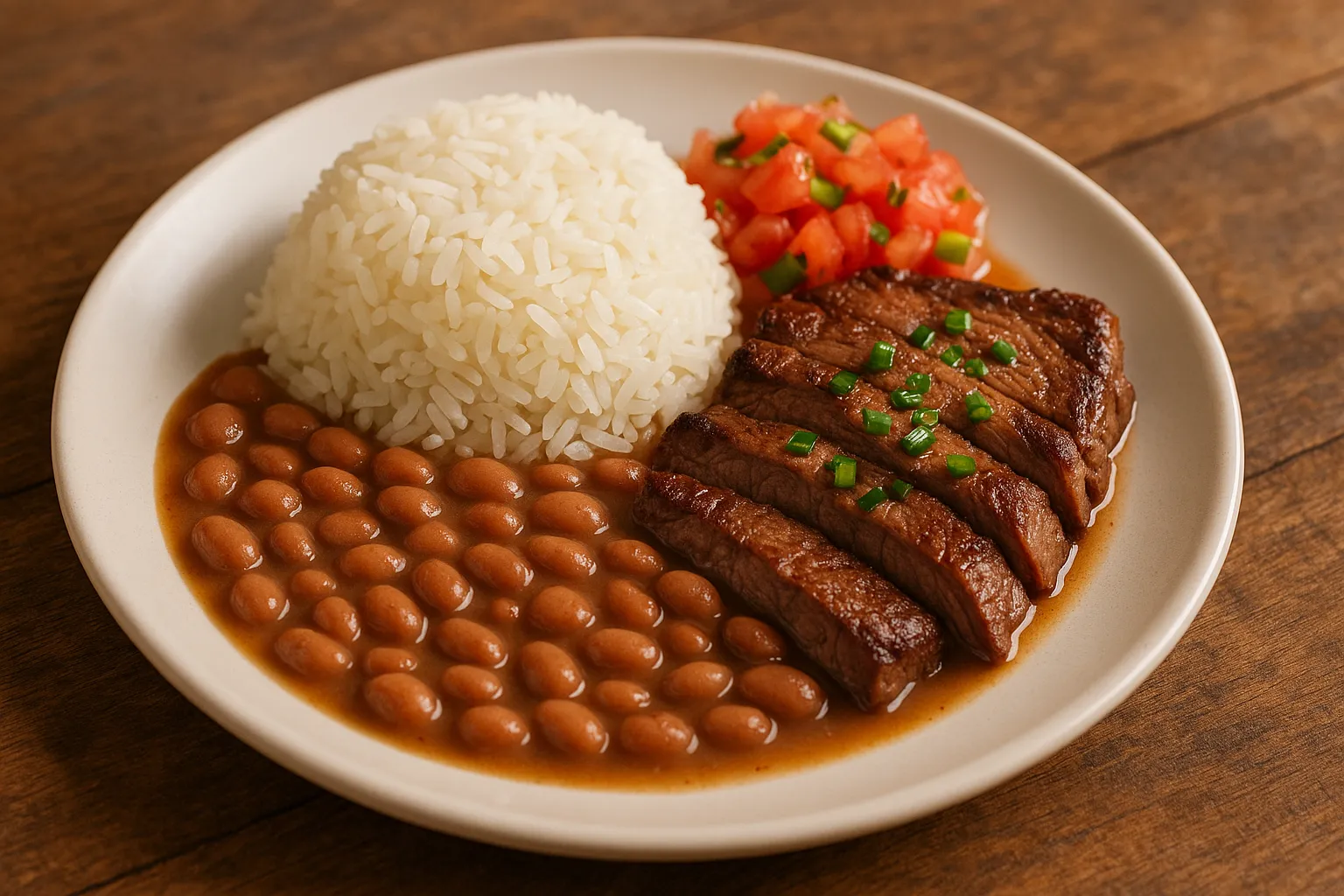 Plato con arroz blanco, frijoles y bistec en rebanadas