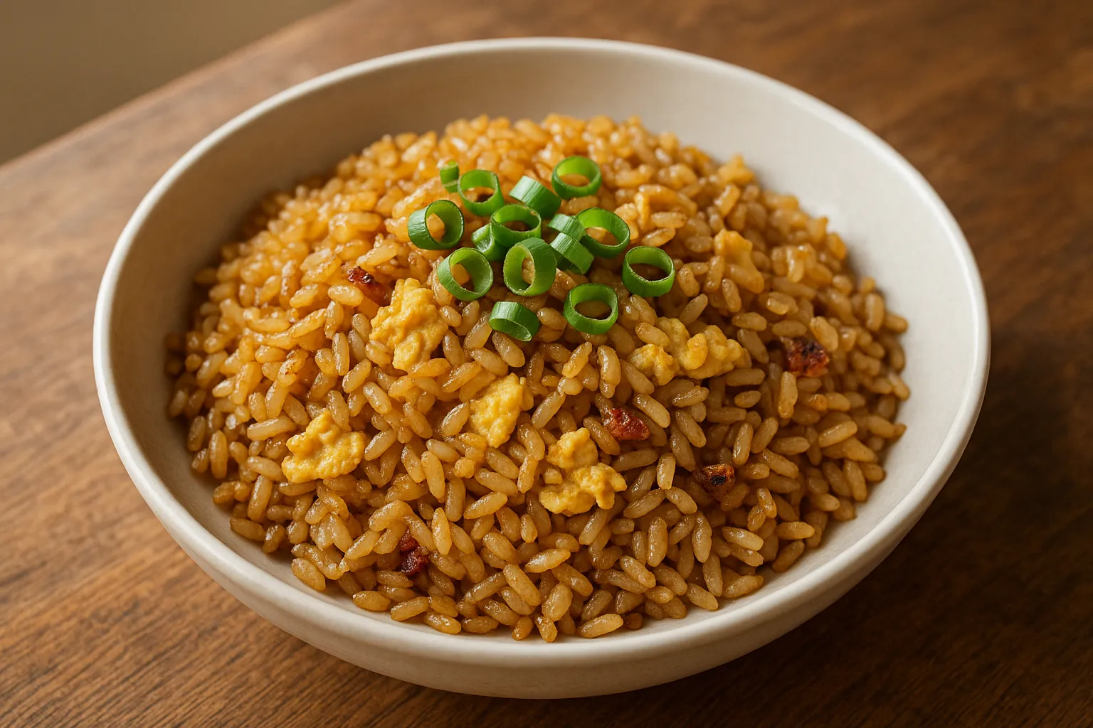 Egg fried rice with scallions and soy sauce served on a plate