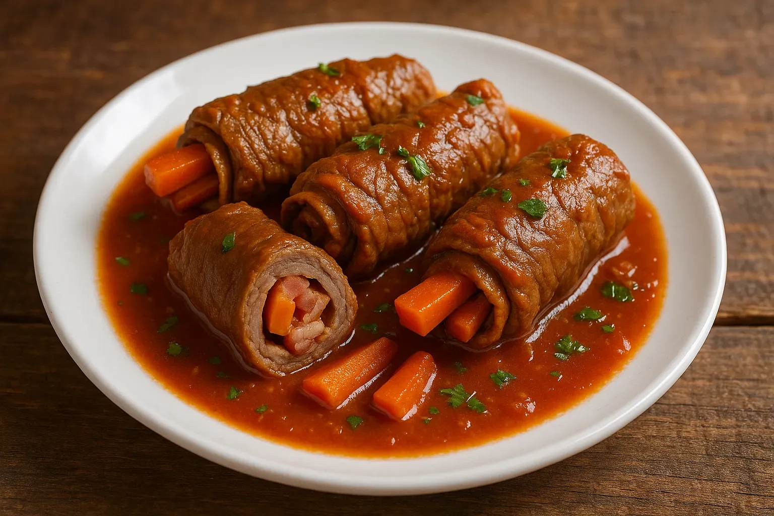 Bife à rolê com molho de tomate e cenoura