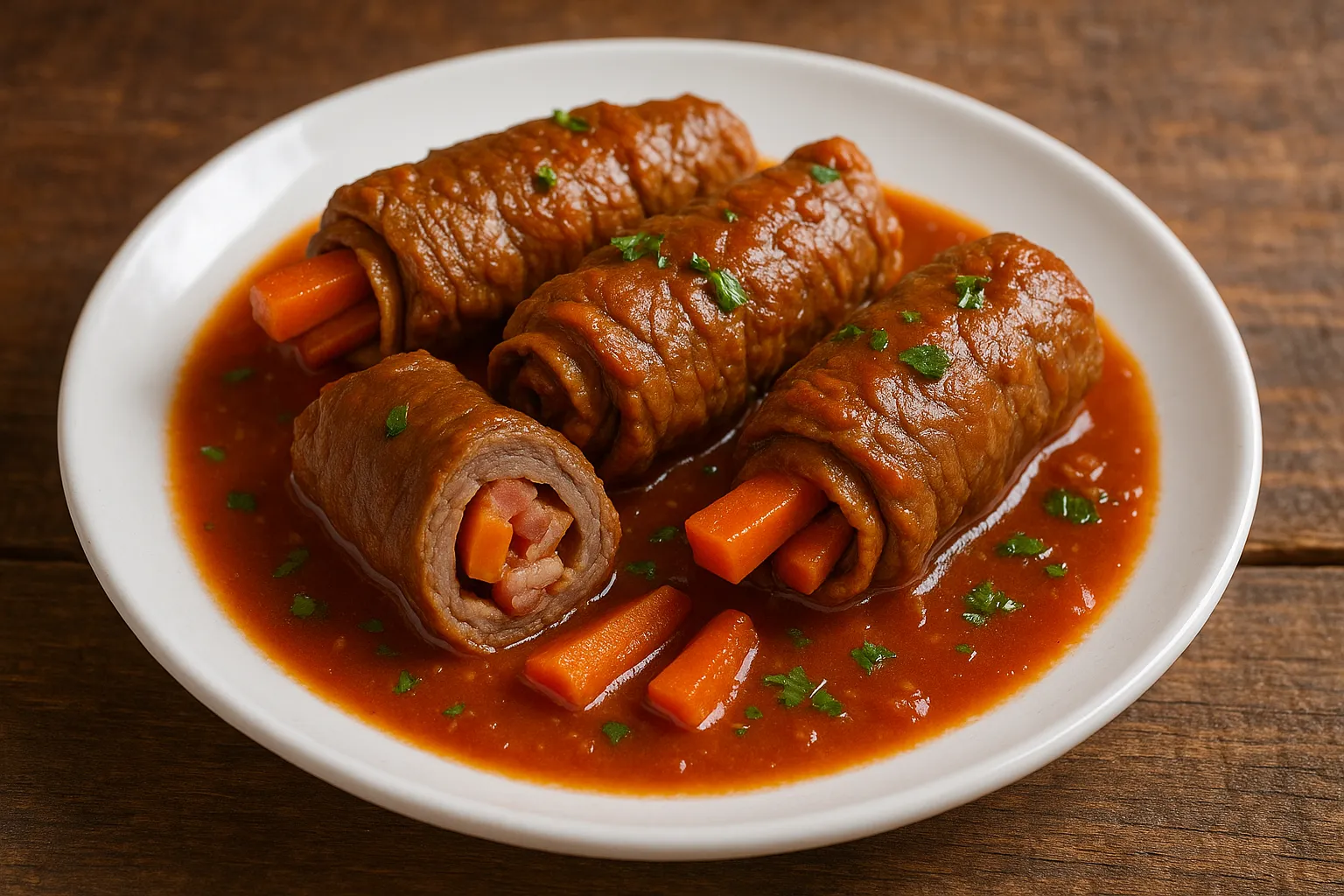 Bife à rolê com molho de tomate e cenoura