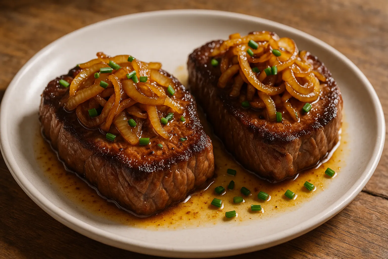 Tender steak topped with golden caramelized onions
