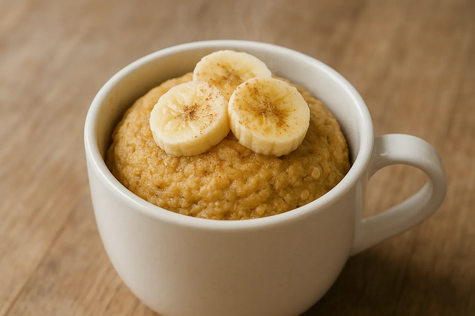 Bolo de caneca de banana com canela servido em caneca branca