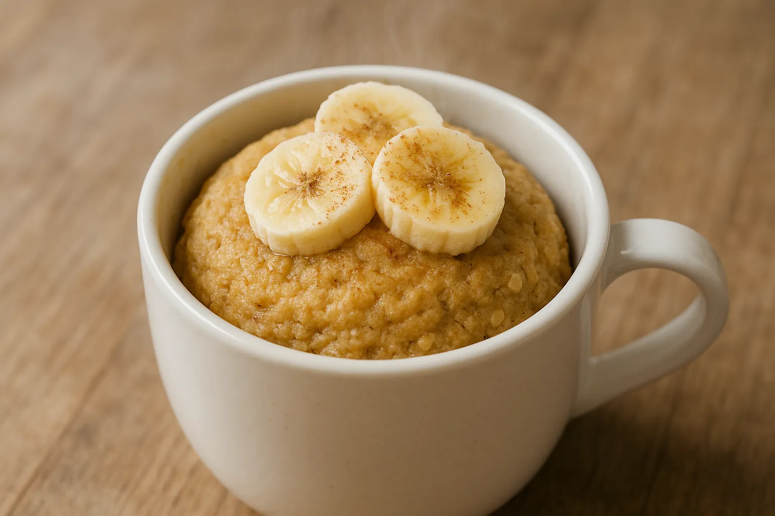 Bizcocho en taza de banana y canela servido en taza blanca