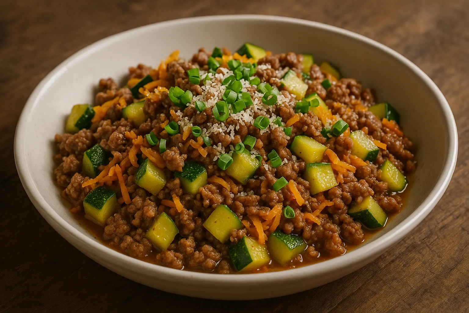 Prato de carne moída refogada com abobrinha e cenoura, finalizado com cebolinha