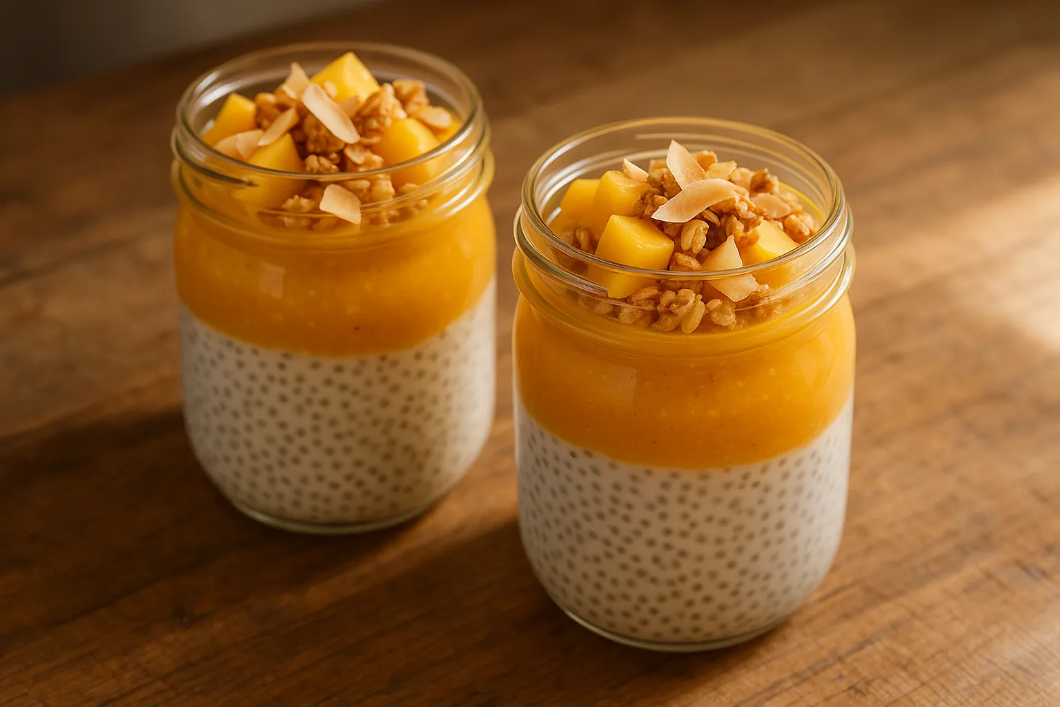 Chia pudding with mango in a glass, topped with granola and toasted coconut
