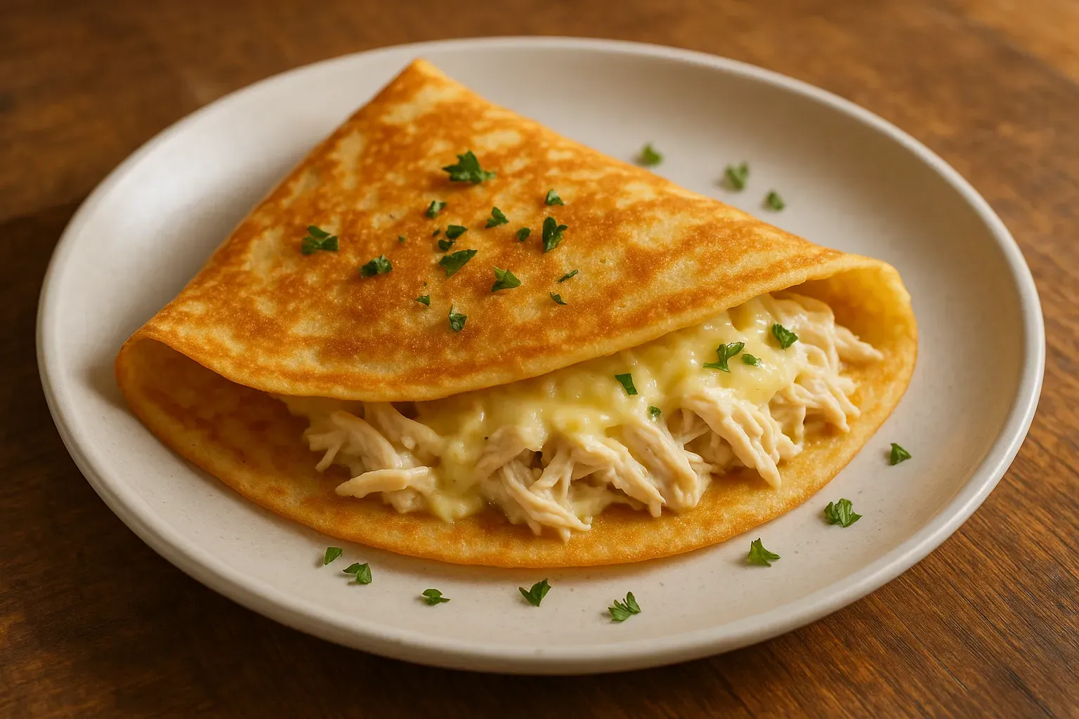 Crepe salgado de frango dobrado em prato branco
