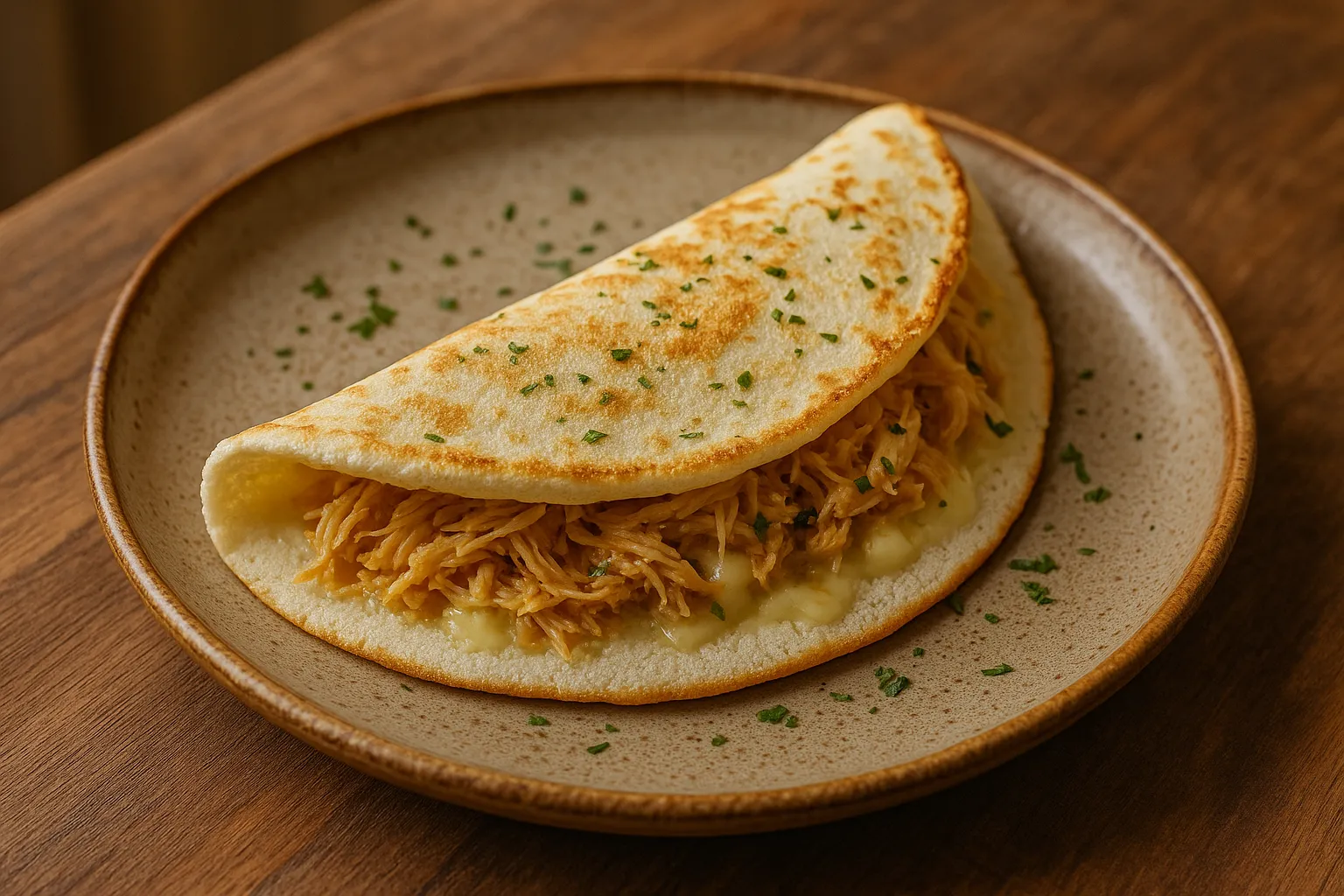 Tapioca crepe folded with melted cheese and shredded chicken