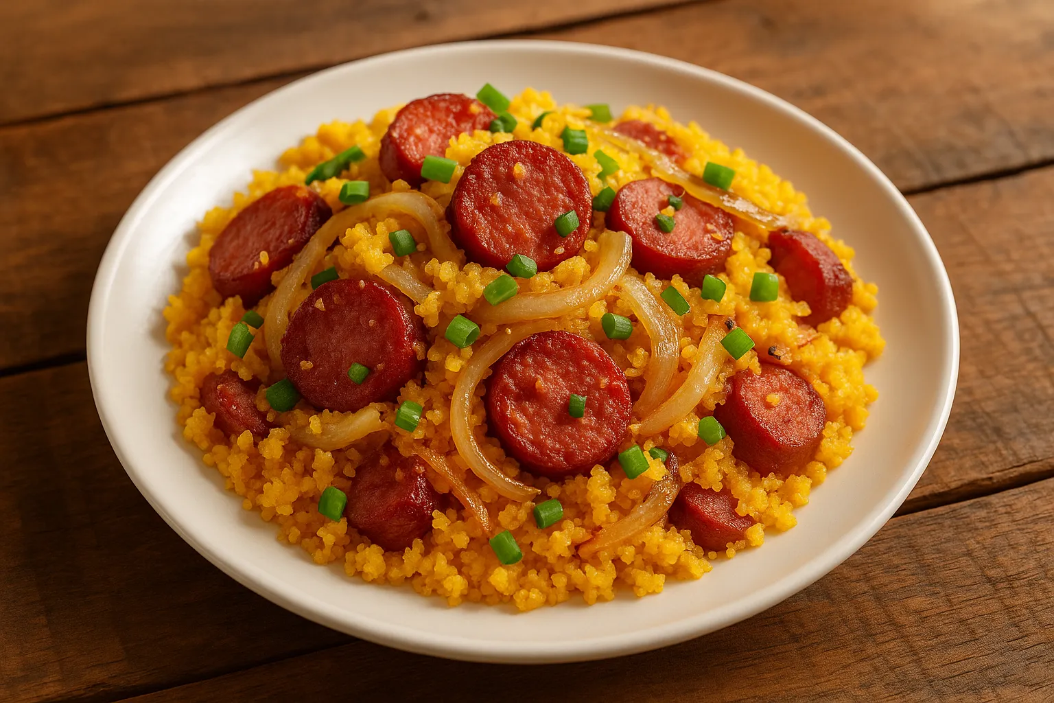 Cornmeal cuscuz with calabresa and caramelized onion served on a plate
