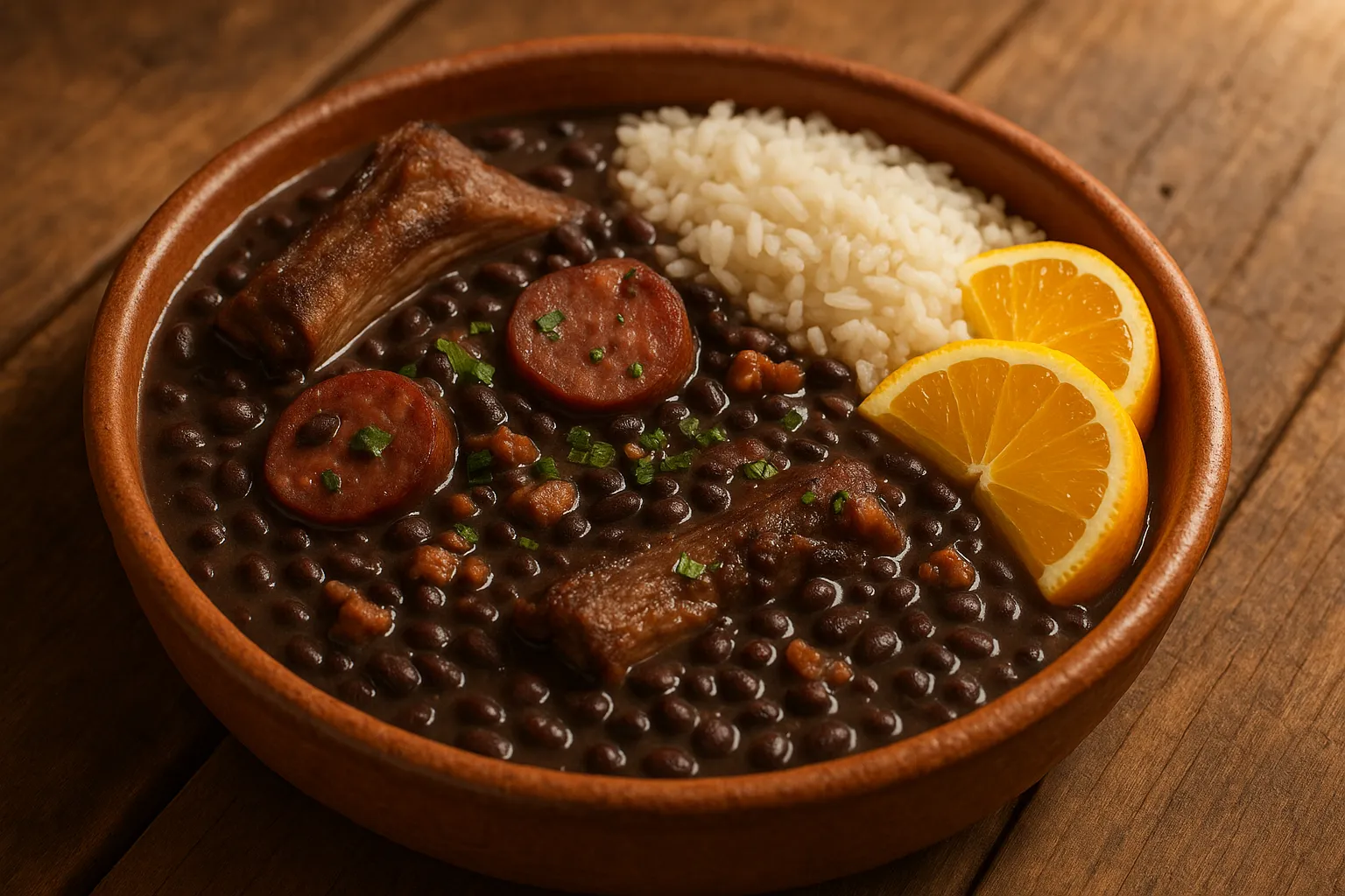 Simple feijoada with pork ribs, sausage, and bacon served with rice and orange slices