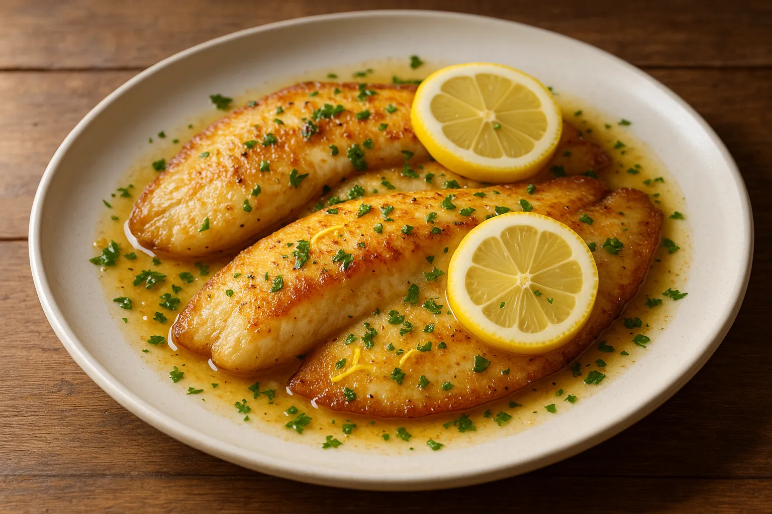 Golden tilapia fillets with lemon slices and parsley