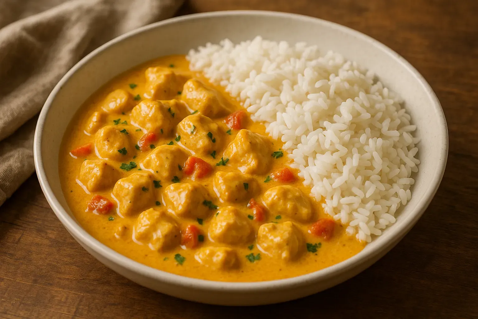 Frango ao curry com leite de coco servido com arroz e salsinha