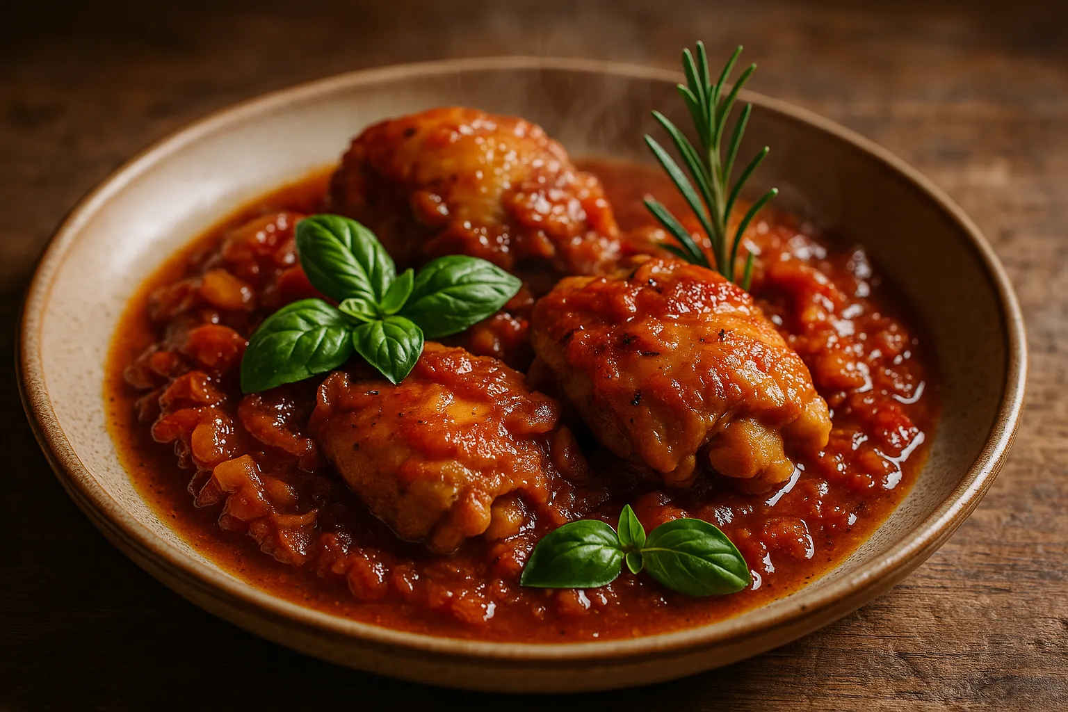 Chicken thighs in tomato sauce with caramelized onions and fresh herbs