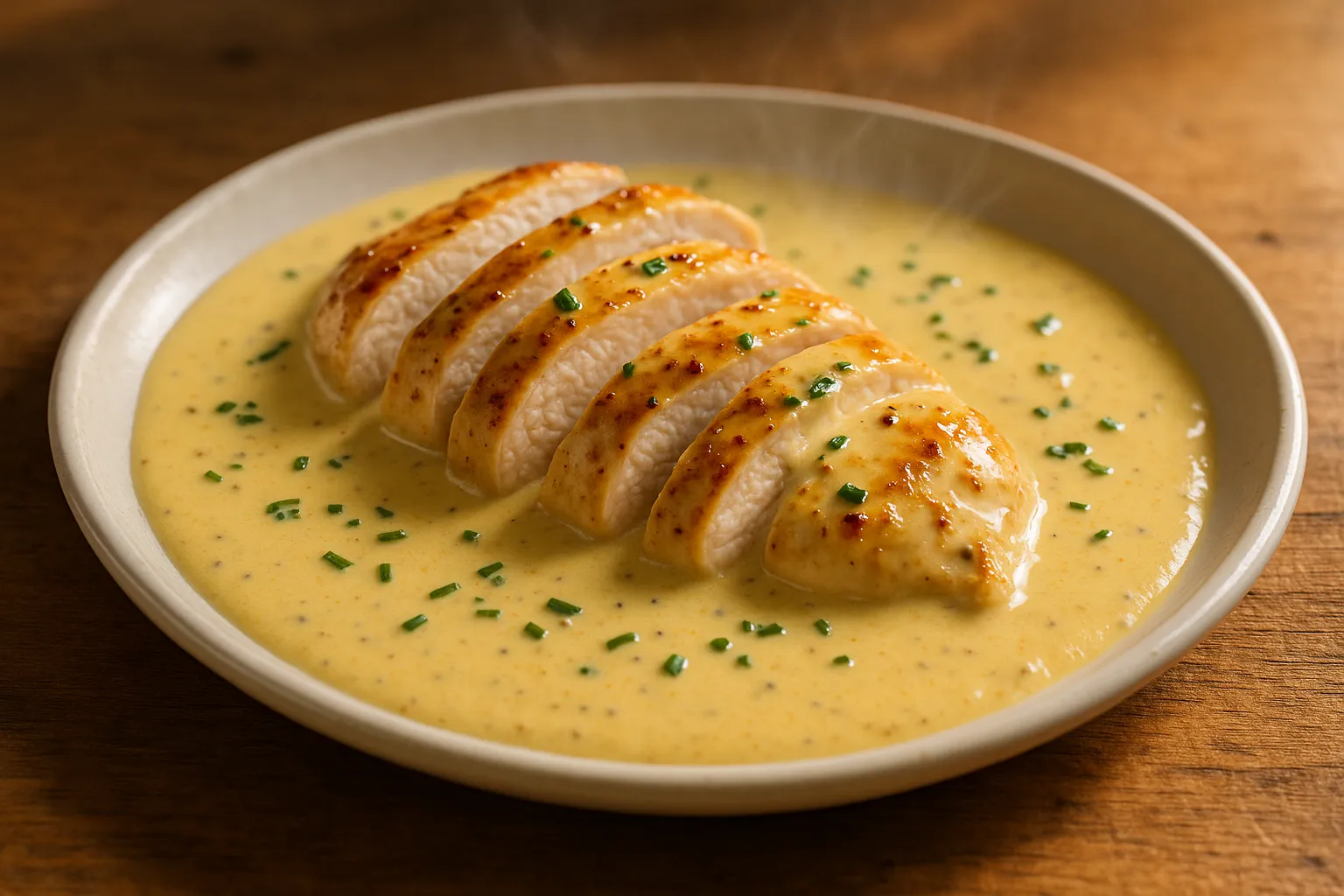 Pechuga de pollo en salsa cremosa de mostaza servida en plato blanco
