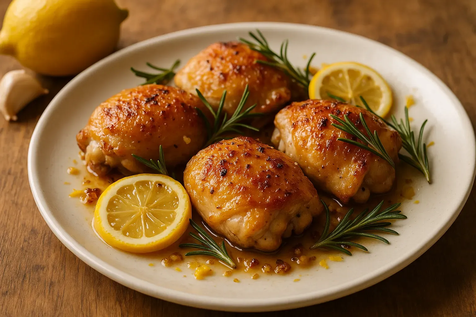 Coxas de frango assadas douradas com fatias de limão