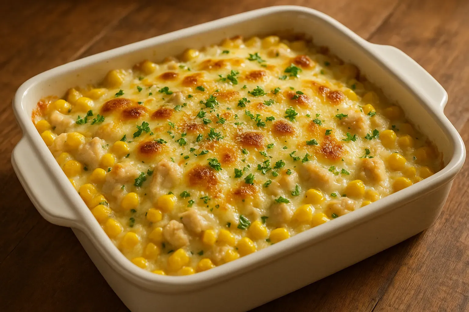 Peito de frango gratinado ao creme de milho com queijo dourado