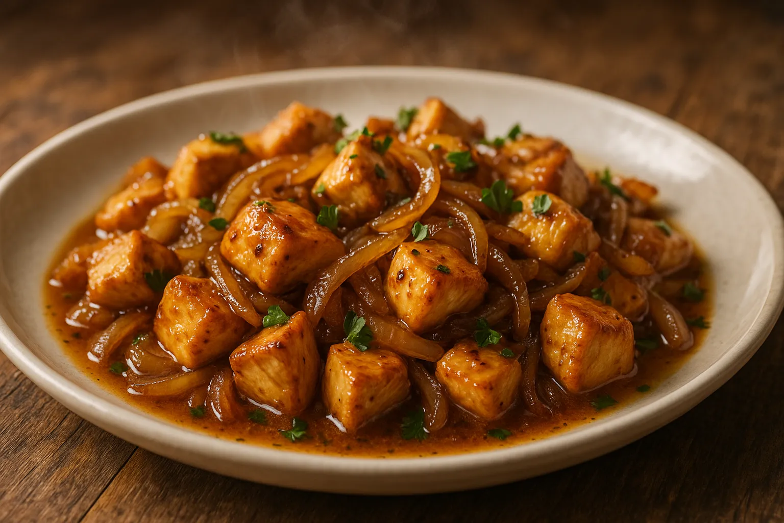 Diced chicken with caramelized onions and parsley