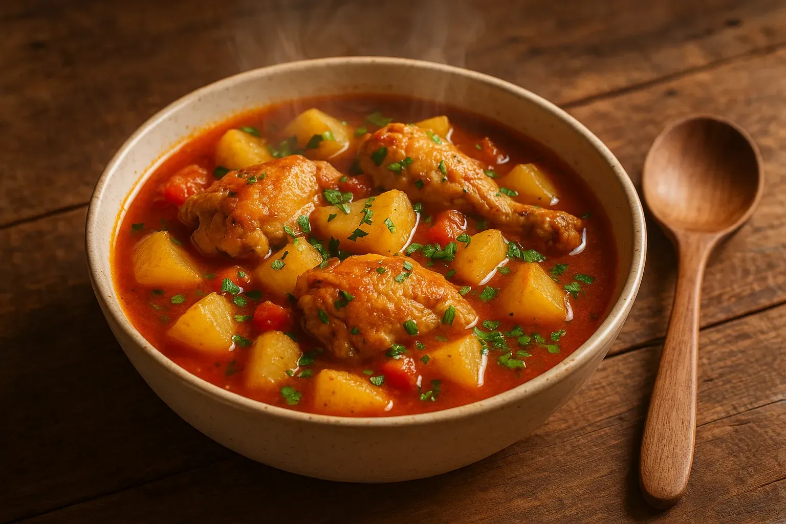Frango ensopado com batatas e tomate em tigela rústica