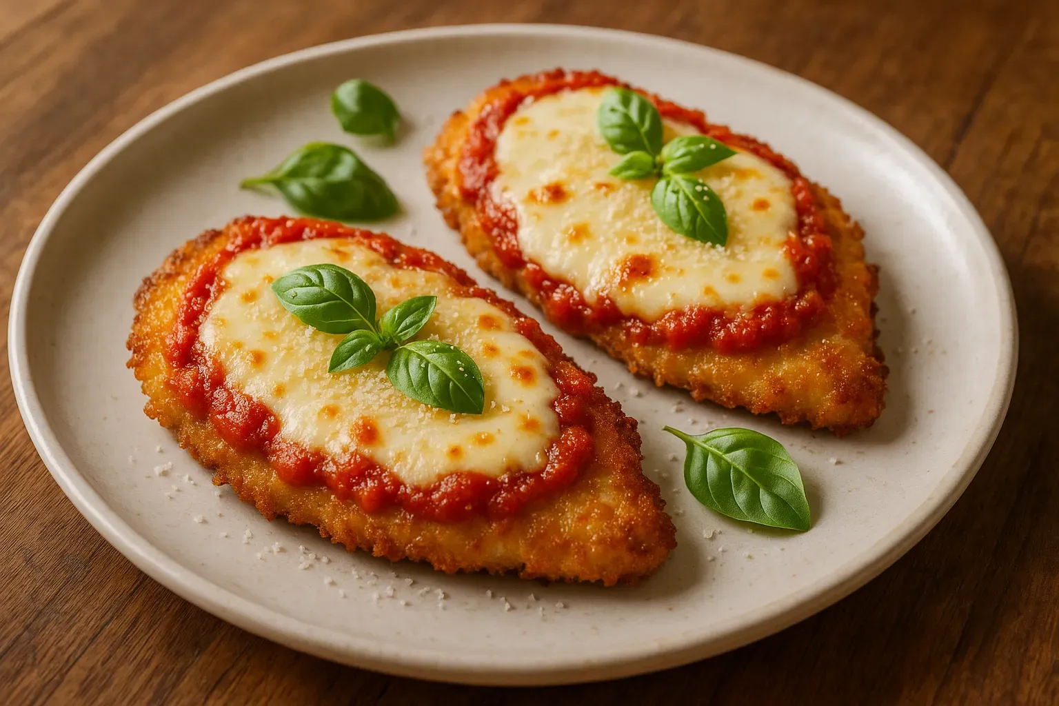 Chicken Parmesan baked with mozzarella and tomato sauce