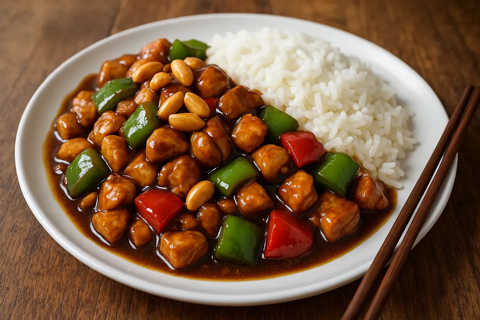 Plate of chicken stir-fry with peanuts and white rice