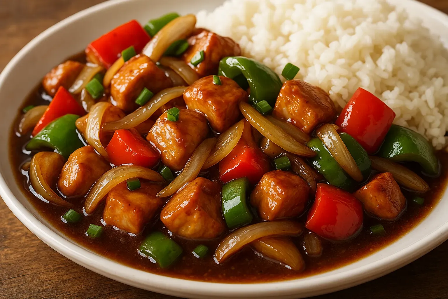 Plate of chicken stir-fry with bell peppers and onion served with rice