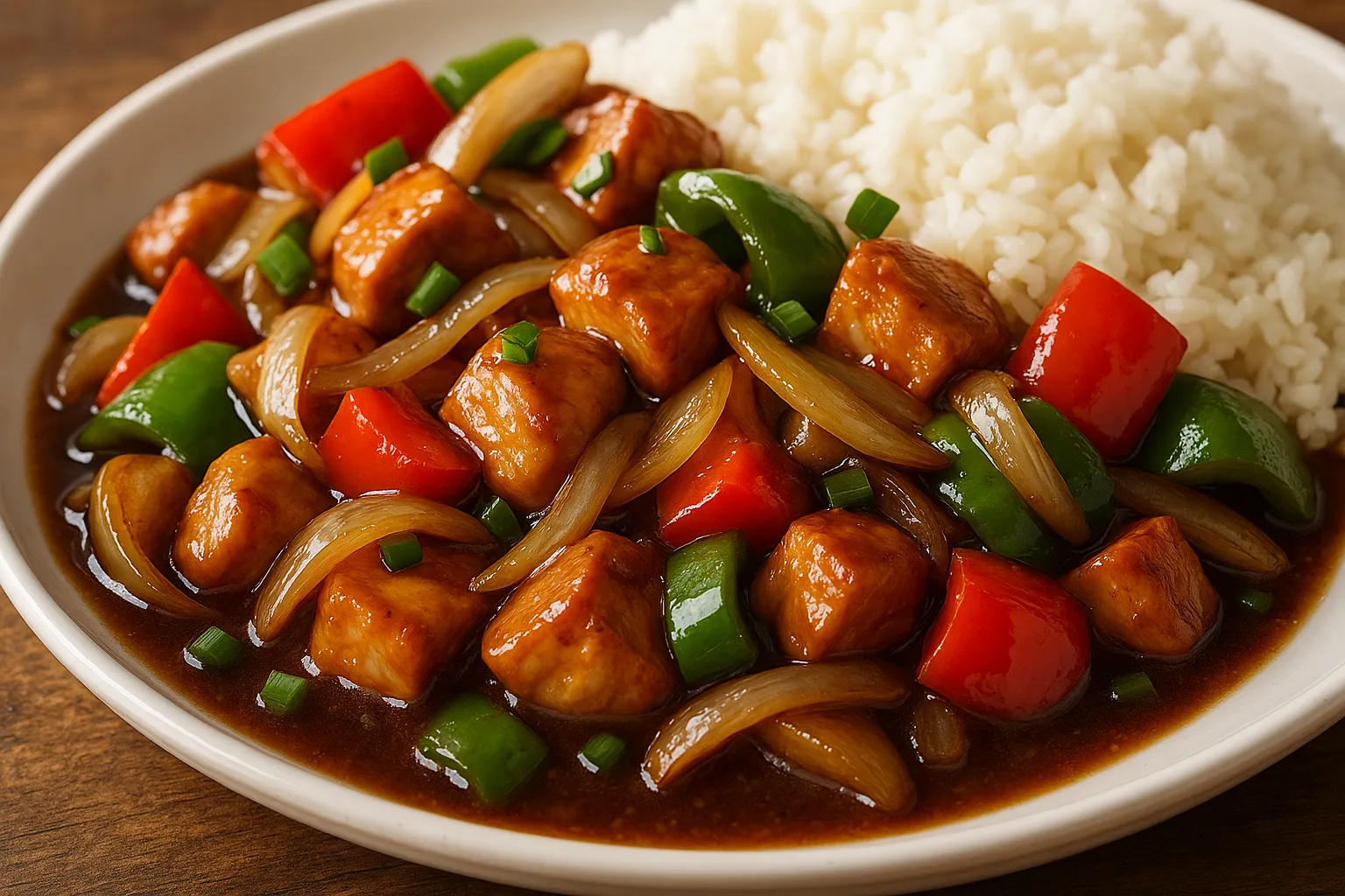 Prato de frango xadrez com pimentões e cebola servido com arroz
