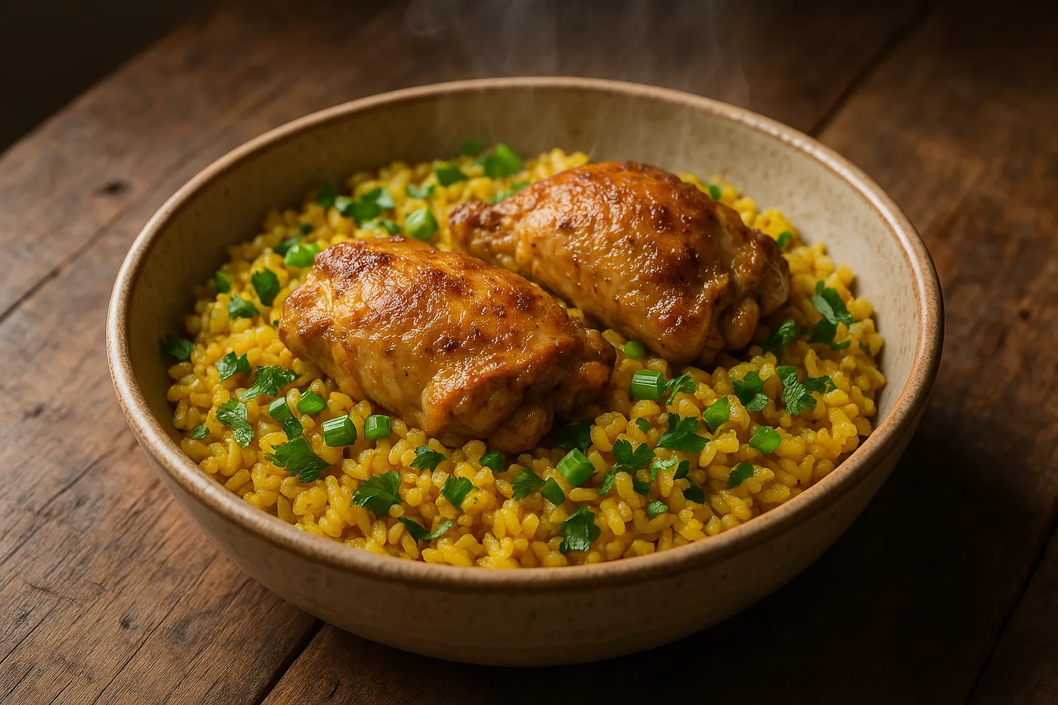 Galinhada con arroz amarillo y trozos de pollo, decorada con hierbas