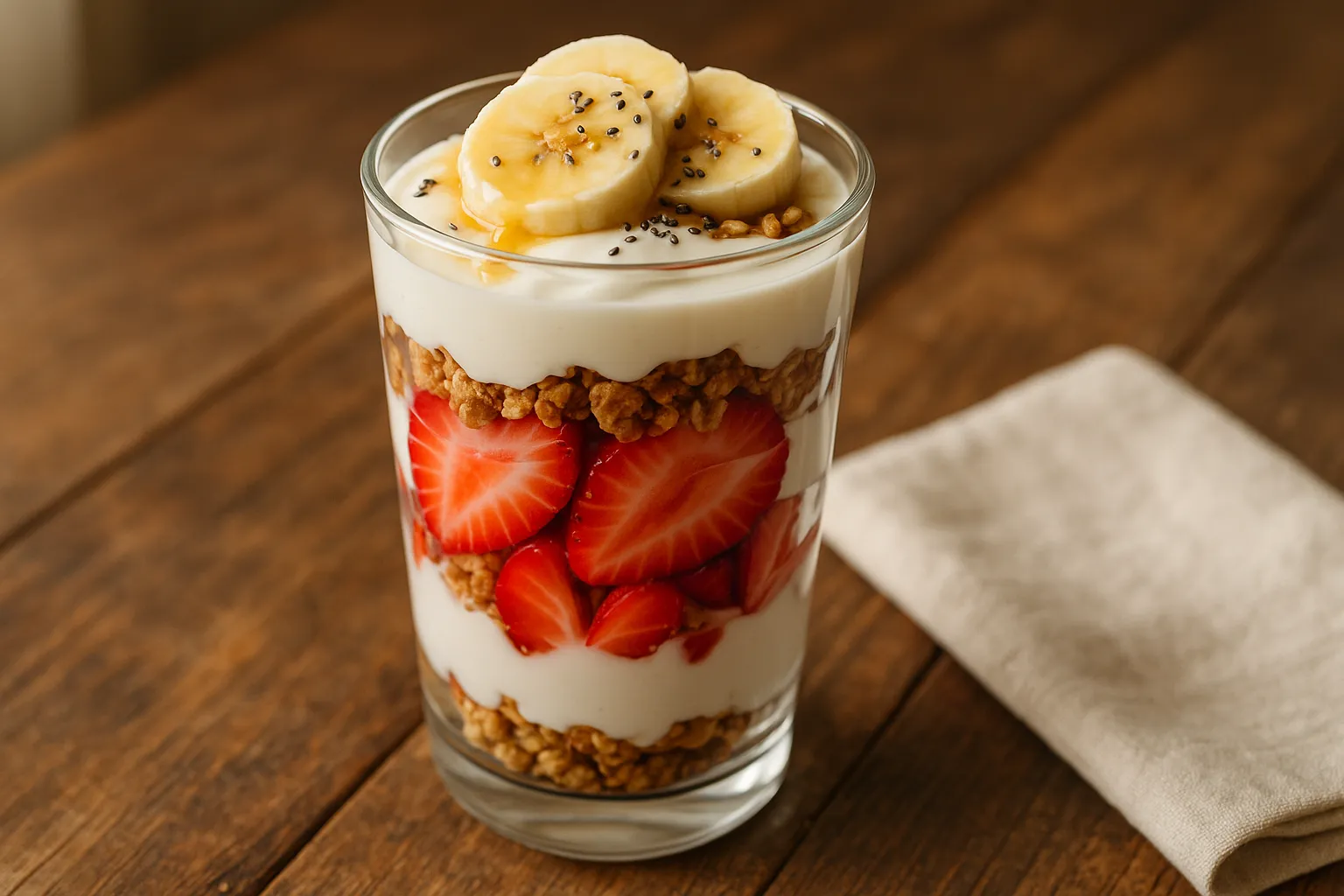 Parfait de iogurte com granola e morango em copo
