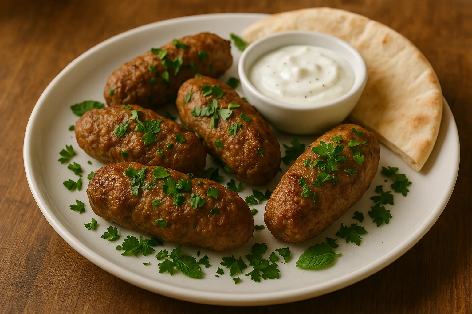 Oven-baked beef kafta with mint and pita bread