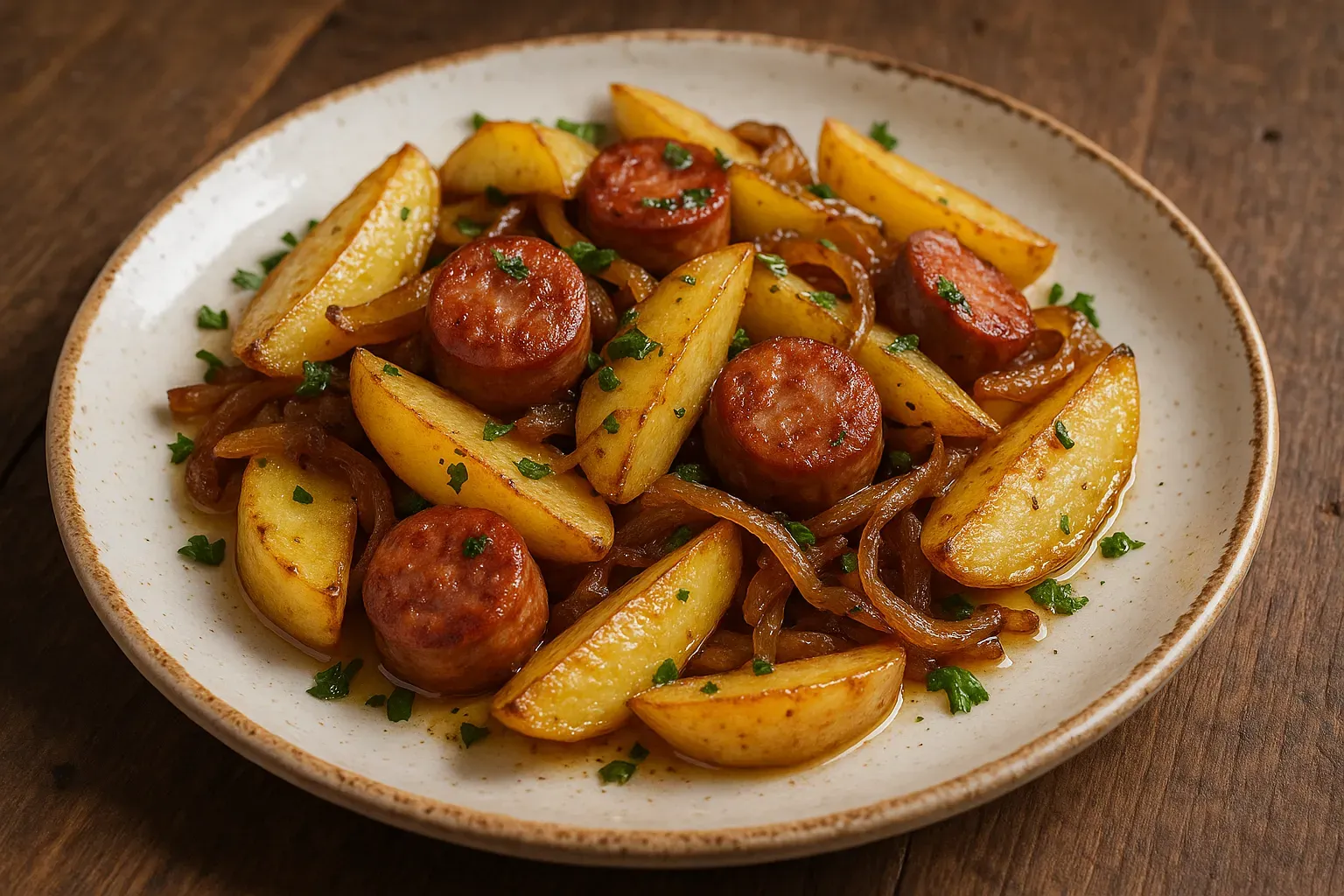 Prato de linguiça toscana assada com batatas e cebolas douradas