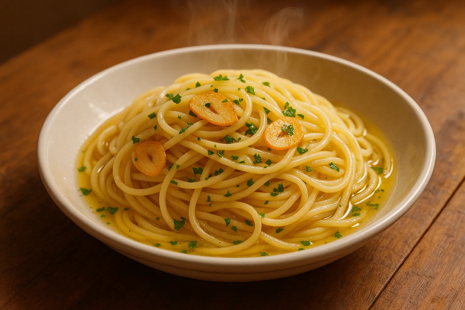 Plate of spaghetti aglio e olio with parsley