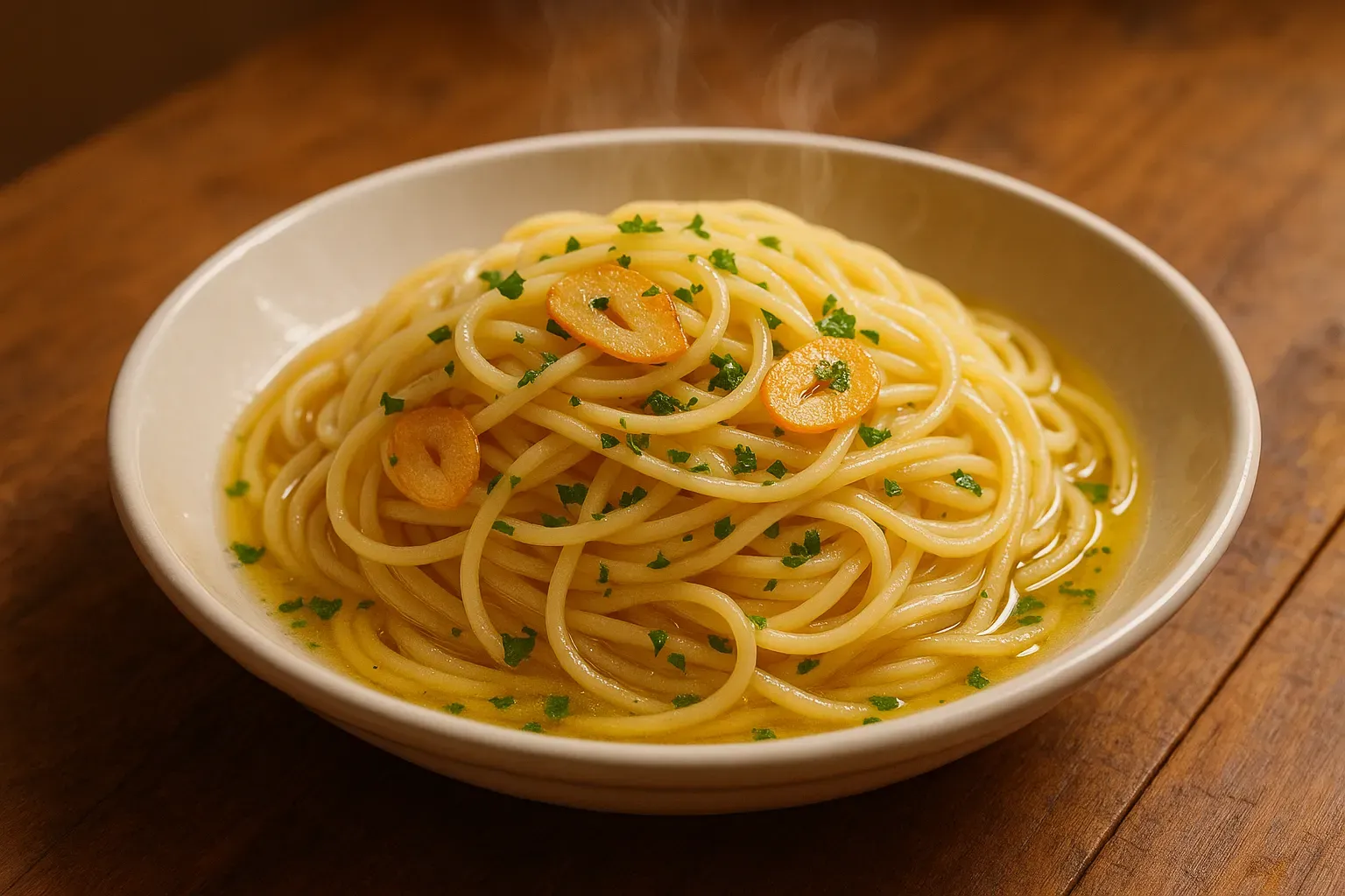 Prato de macarrão alho e óleo com salsinha