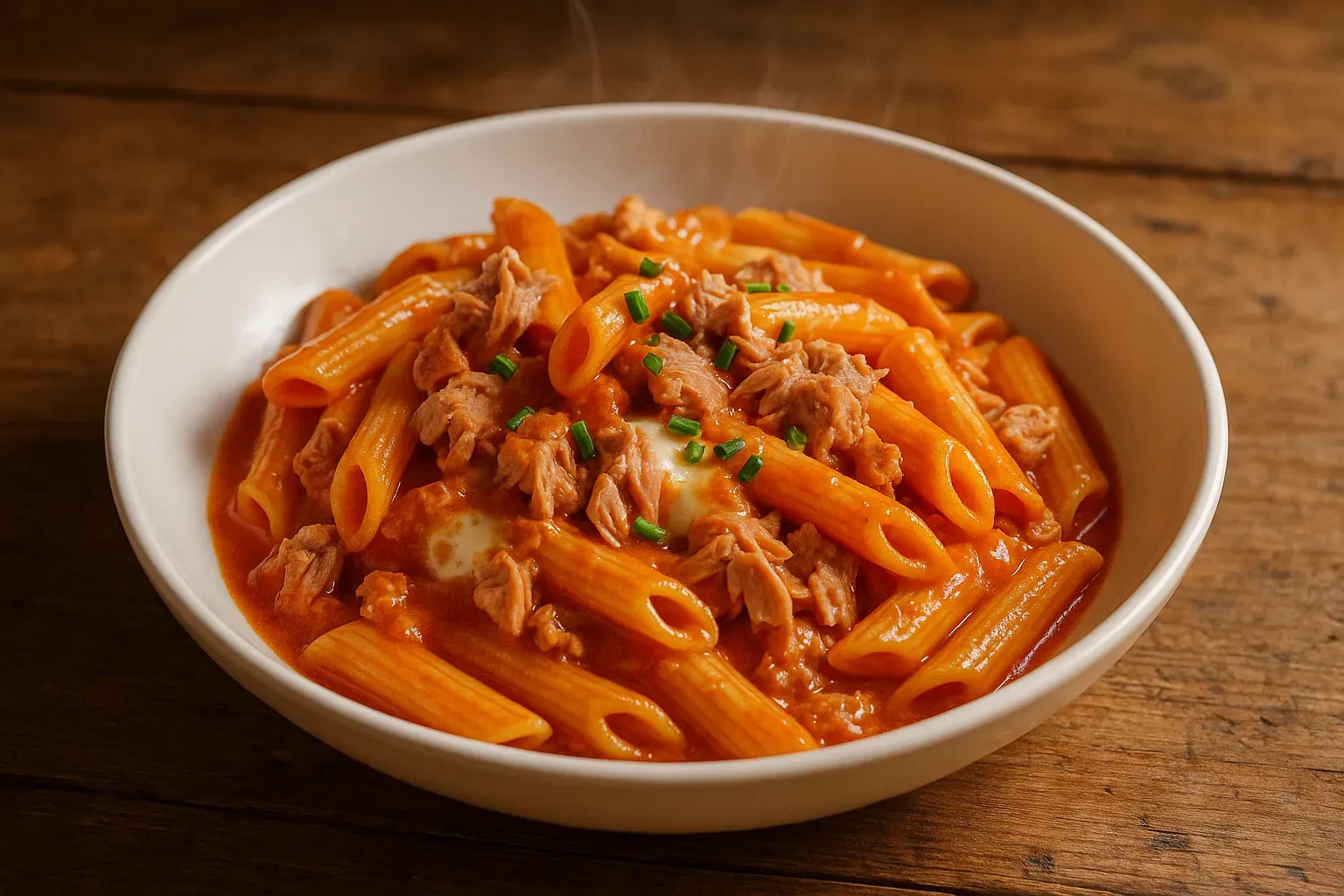 Prato de macarrão com atum e molho de tomate cremoso