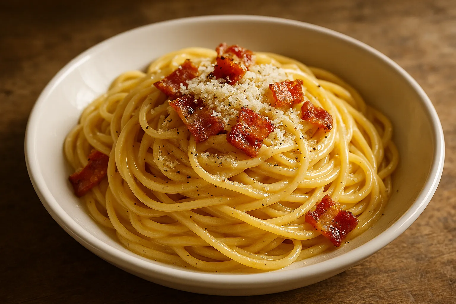 Plate of spaghetti carbonara with bacon and grated Parmesan