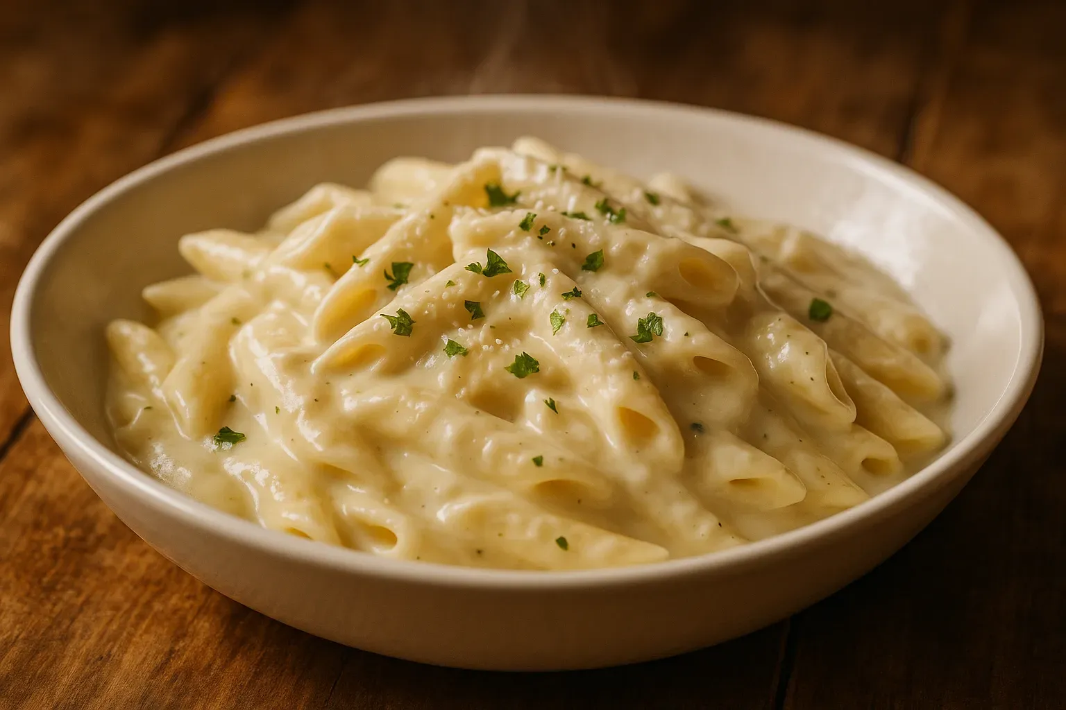 Bowl of penne in creamy white sauce garnished with parsley and Parmesan
