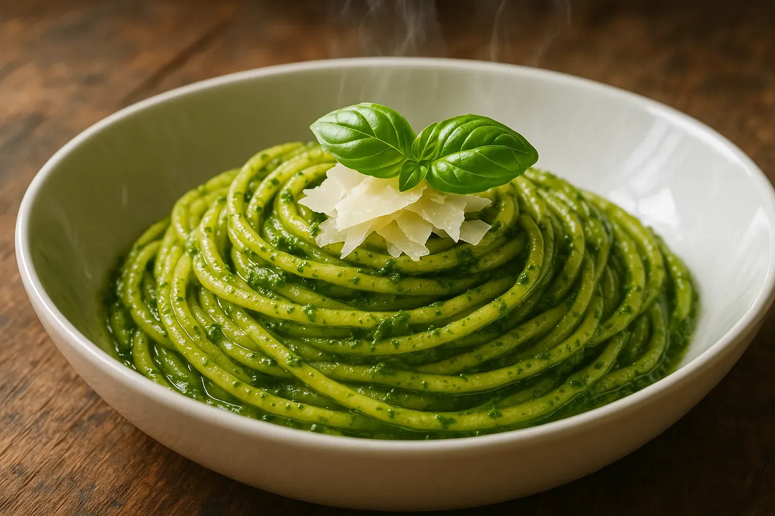Macarrão ao pesto verde com lascas de parmesão e folhas de manjericão