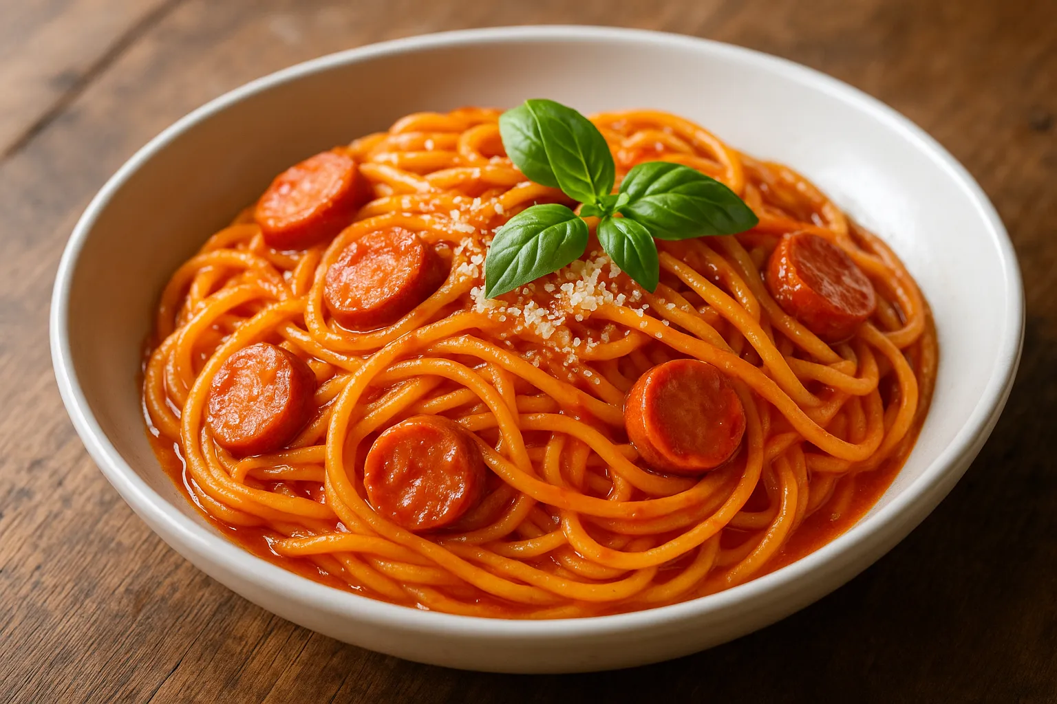 Creamy spaghetti with hot dog sausages in tomato sauce, finished with Parmesan and basil