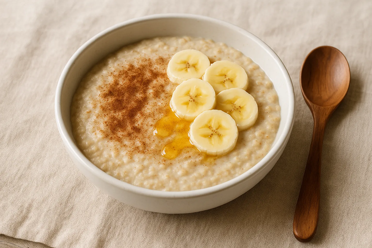 bowl of creamy oatmeal porridge sprinkled with cinnamon and topped with banana slices