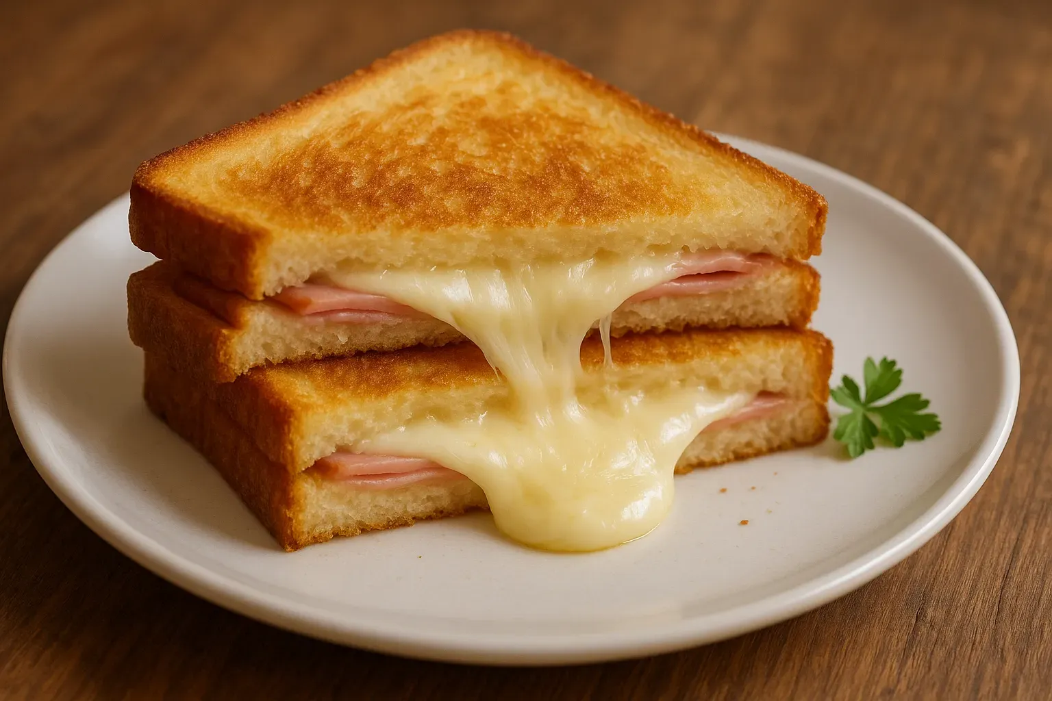 Golden stovetop ham and cheese sandwich showing melted cheese