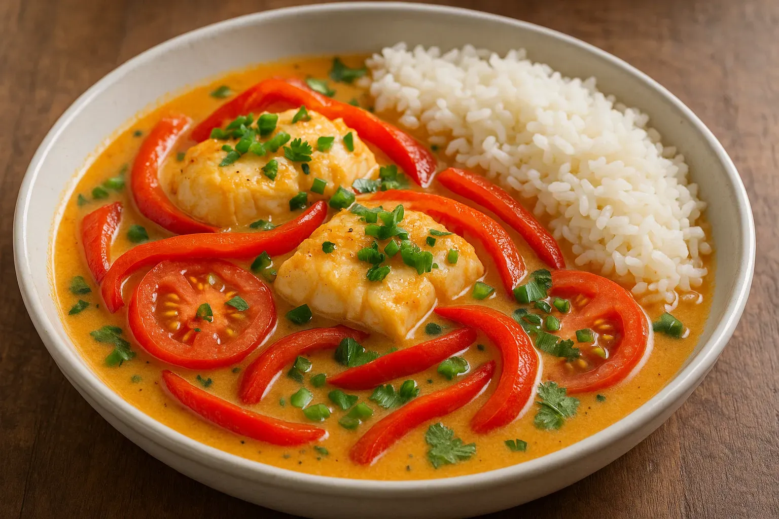 Moqueca de peixe com molho de leite de coco, pimentão e tomate