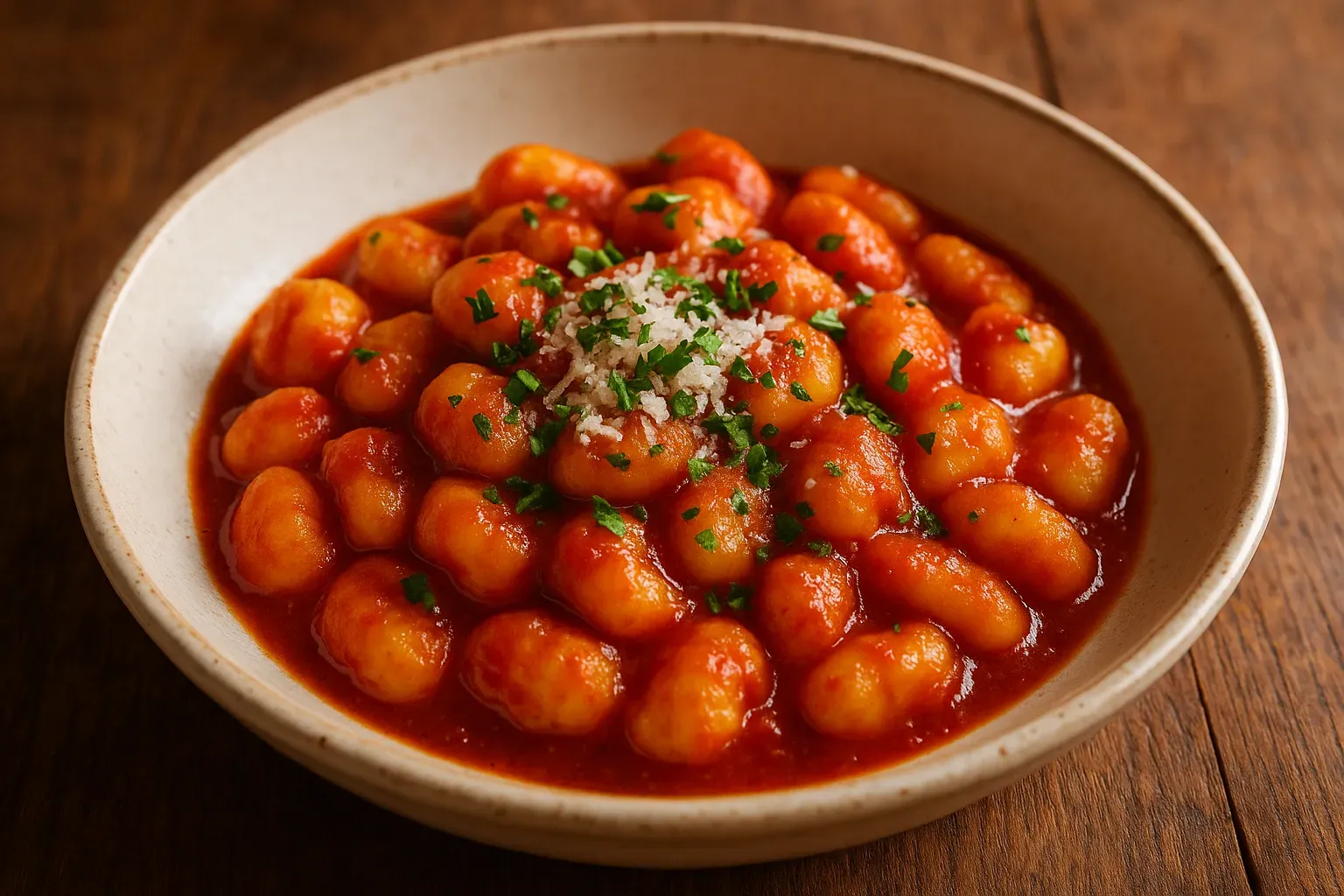 Potato gnocchi in tomato sauce with Parmesan