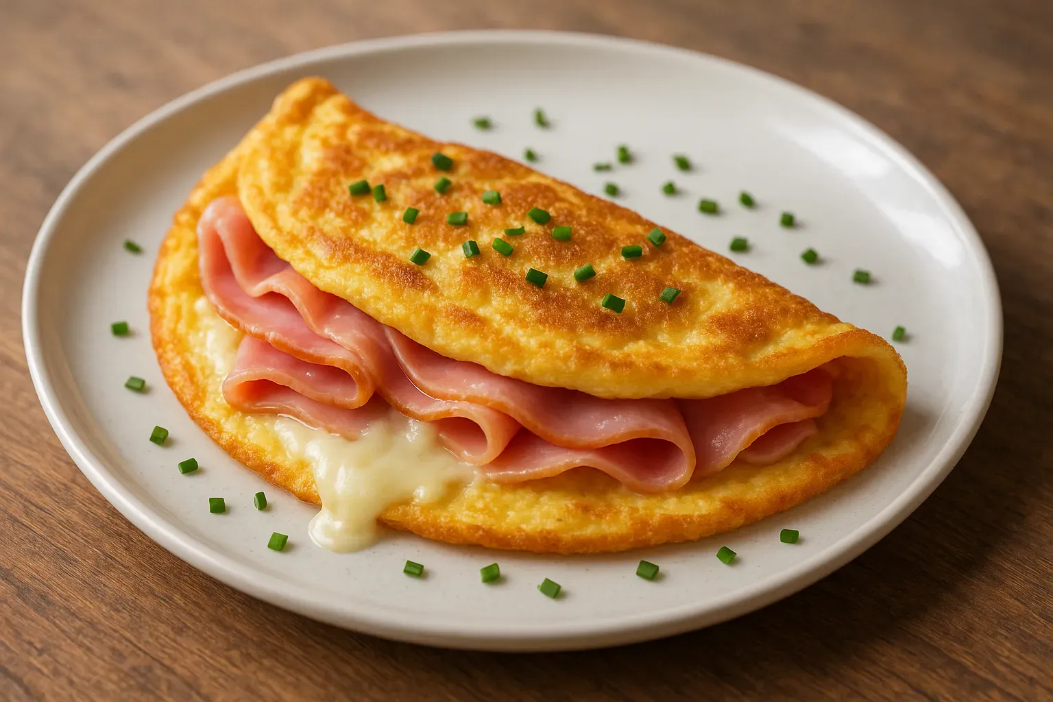 Folded omelet with ham and melted cheese