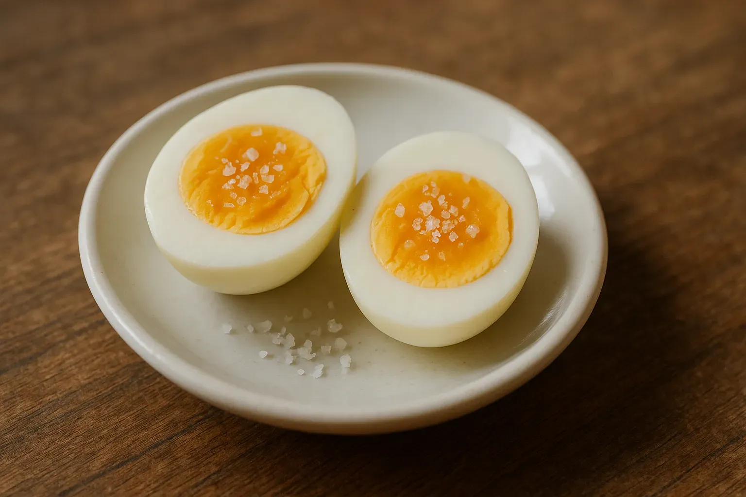 Boiled eggs cut in half with creamy yolk and a sprinkle of salt