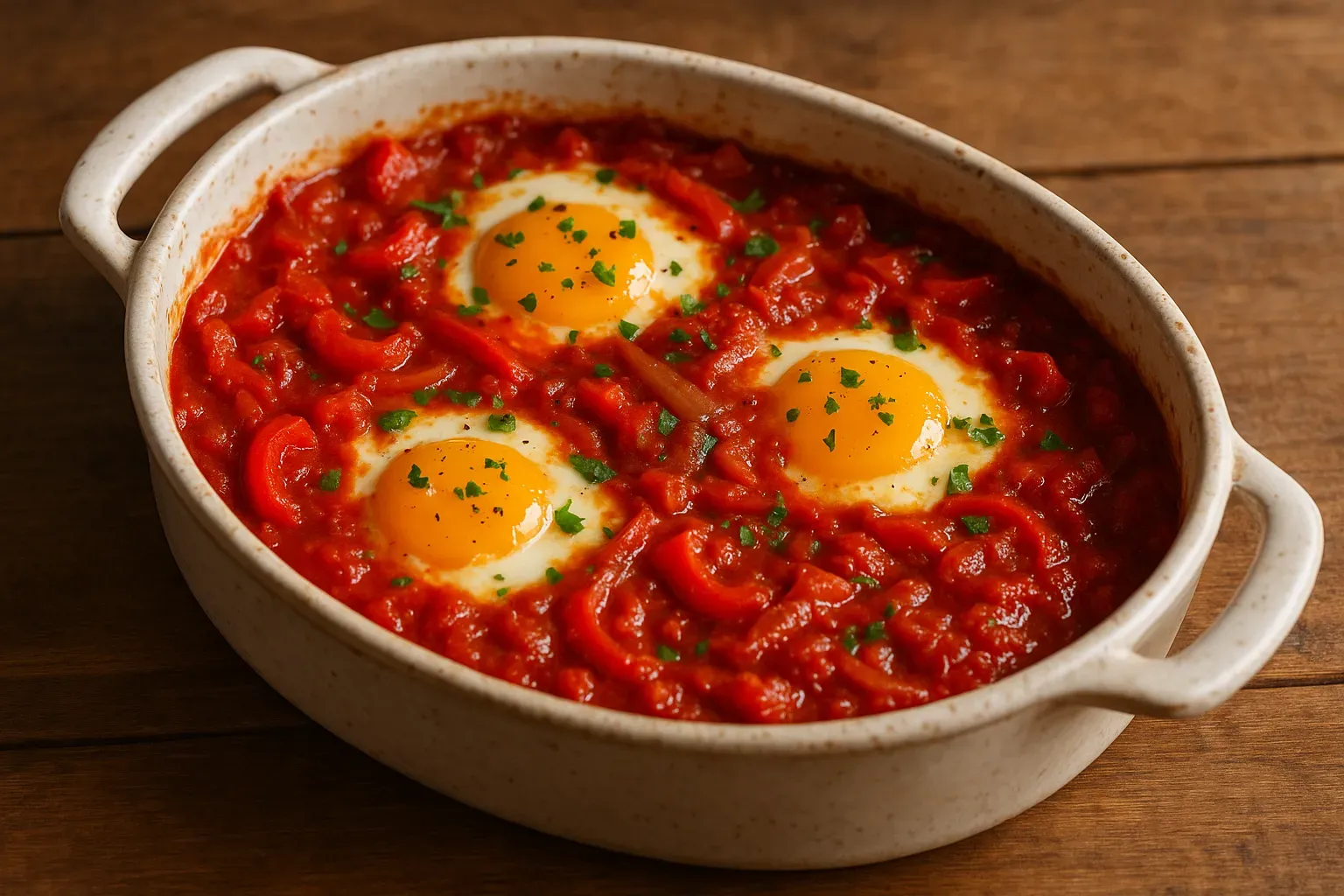 Baking dish with baked eggs in tomato and bell pepper sauce, runny yolks