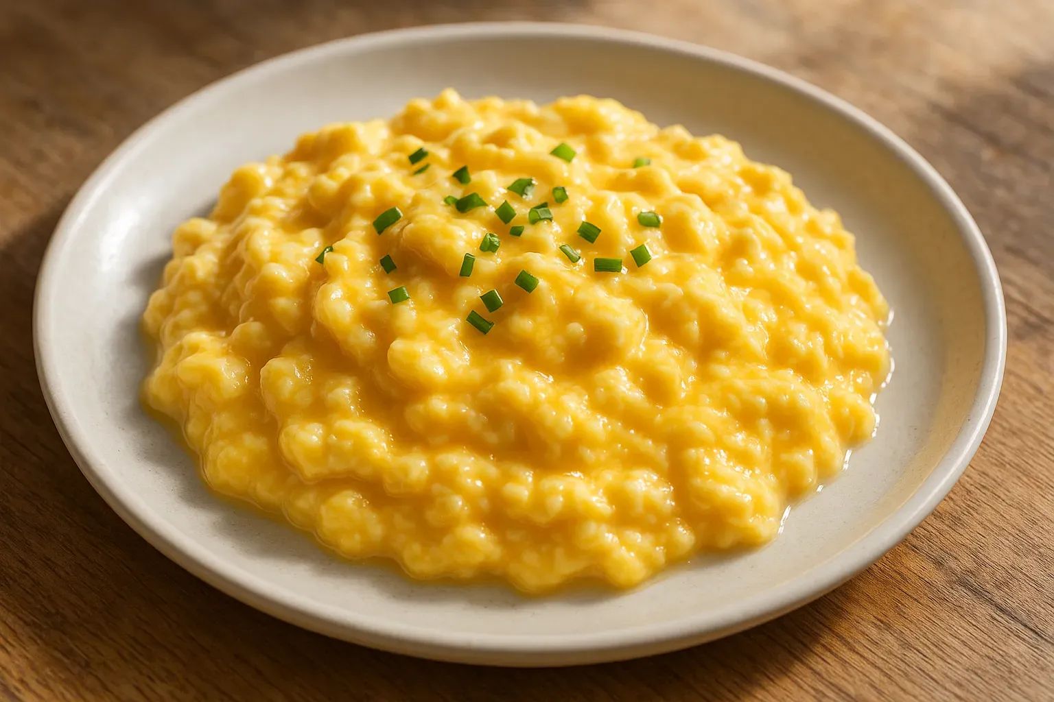 creamy scrambled eggs on white plate with green onion