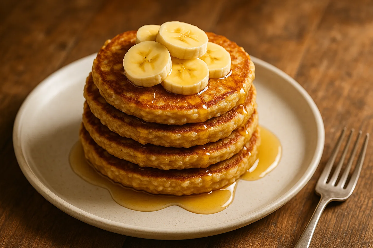 Stack of banana oat pancakes drizzled with honey