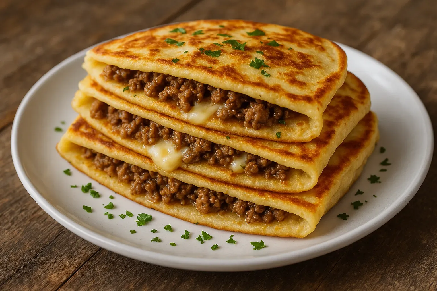 Savory pancakes stuffed with ground beef and melted cheese, sliced