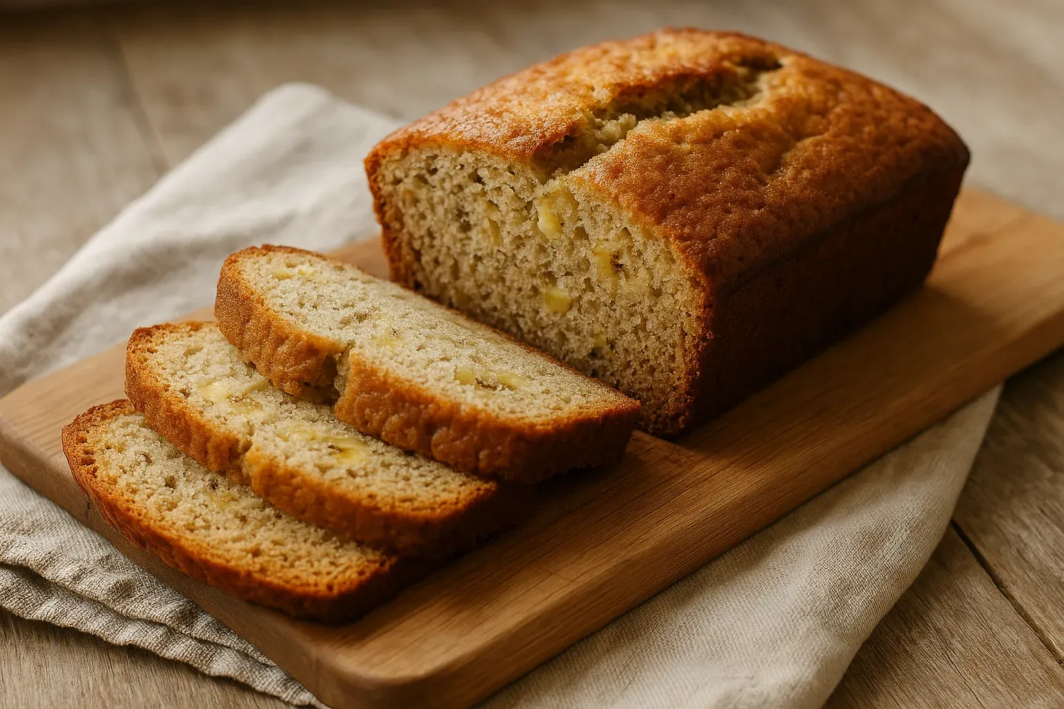 Sliced banana bread with a golden crust