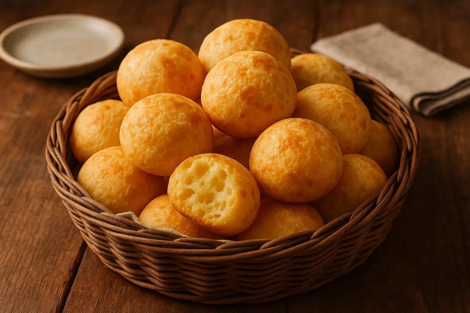 Golden pão de queijo freshly baked in a basket